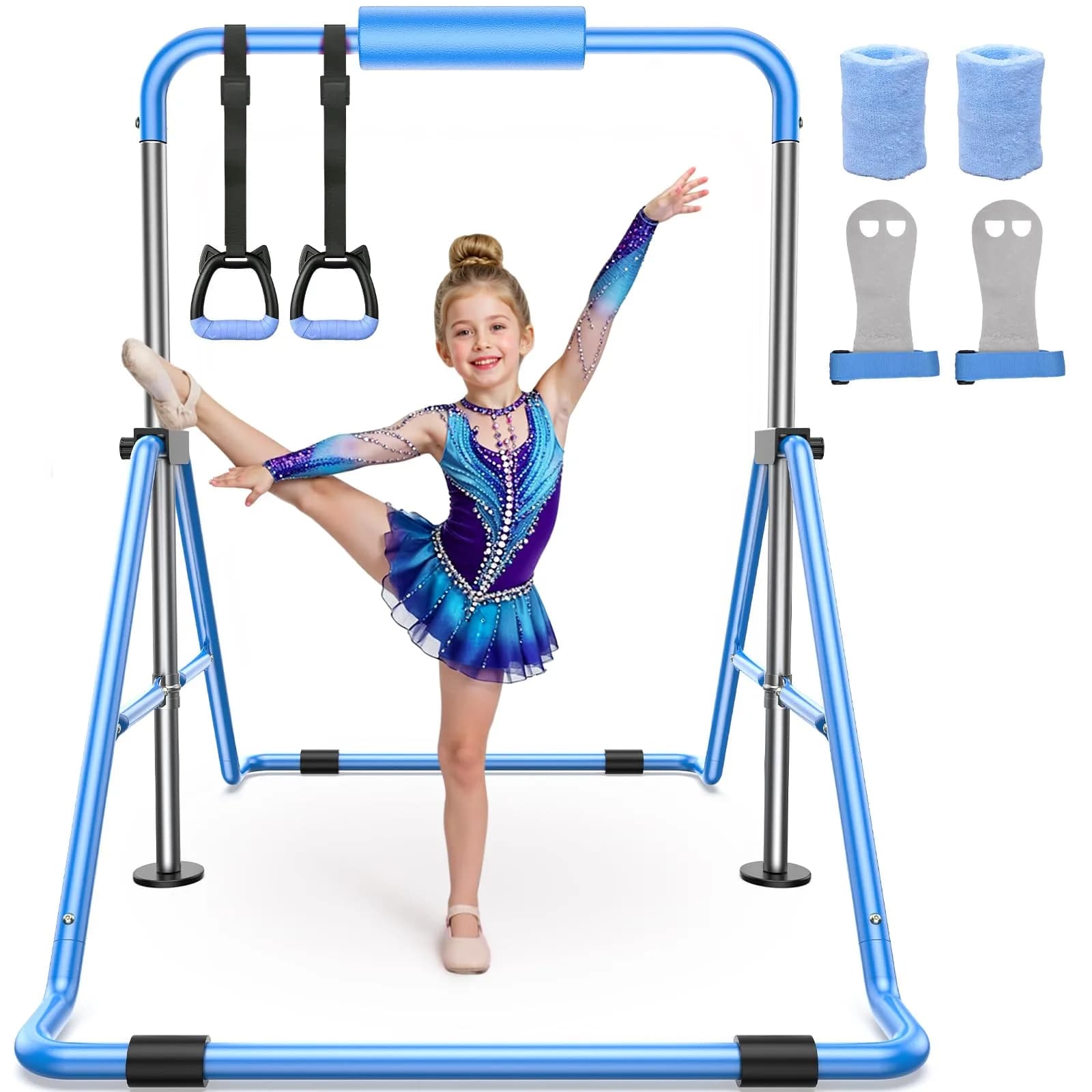 Sportsroyals Gymnastics Bar for Kids at Home, Foldable, Blue | Supports 140 lbs, Adjustable Heights, Space-Saving Design - main product image