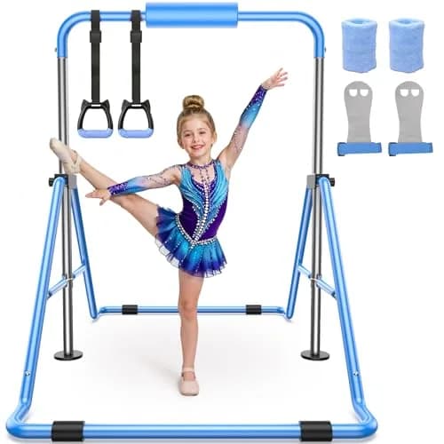 Sportsroyals Gymnastics Bar for Kids at Home, Foldable, Blue | Supports 140 lbs, Adjustable Heights, Space-Saving Design thumbnail 1