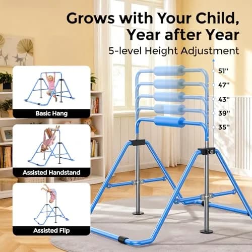 Sportsroyals Gymnastics Bar for Kids at Home, Foldable, Blue | Supports 140 lbs, Adjustable Heights, Space-Saving Design thumbnail 6