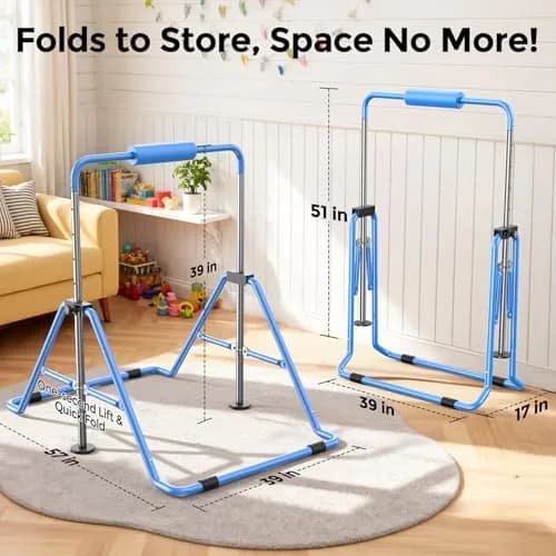 Sportsroyals Gymnastics Bar for Kids at Home, Foldable, Blue | Supports 140 lbs, Adjustable Heights, Space-Saving Design thumbnail 7