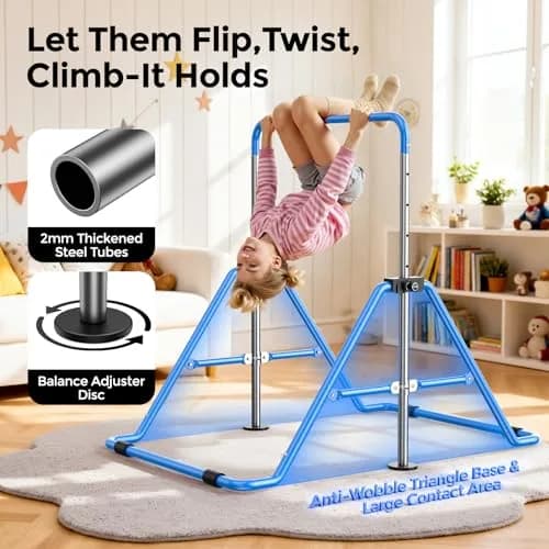 Sportsroyals Gymnastics Bar for Kids at Home, Foldable, Blue | Supports 140 lbs, Adjustable Heights, Space-Saving Design thumbnail 2