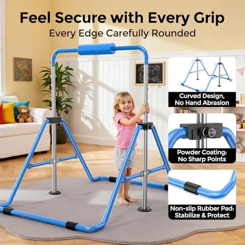 Sportsroyals Gymnastics Bar for Kids at Home, Foldable, Blue | Supports 140 lbs, Adjustable Heights, Space-Saving Design thumbnail 3