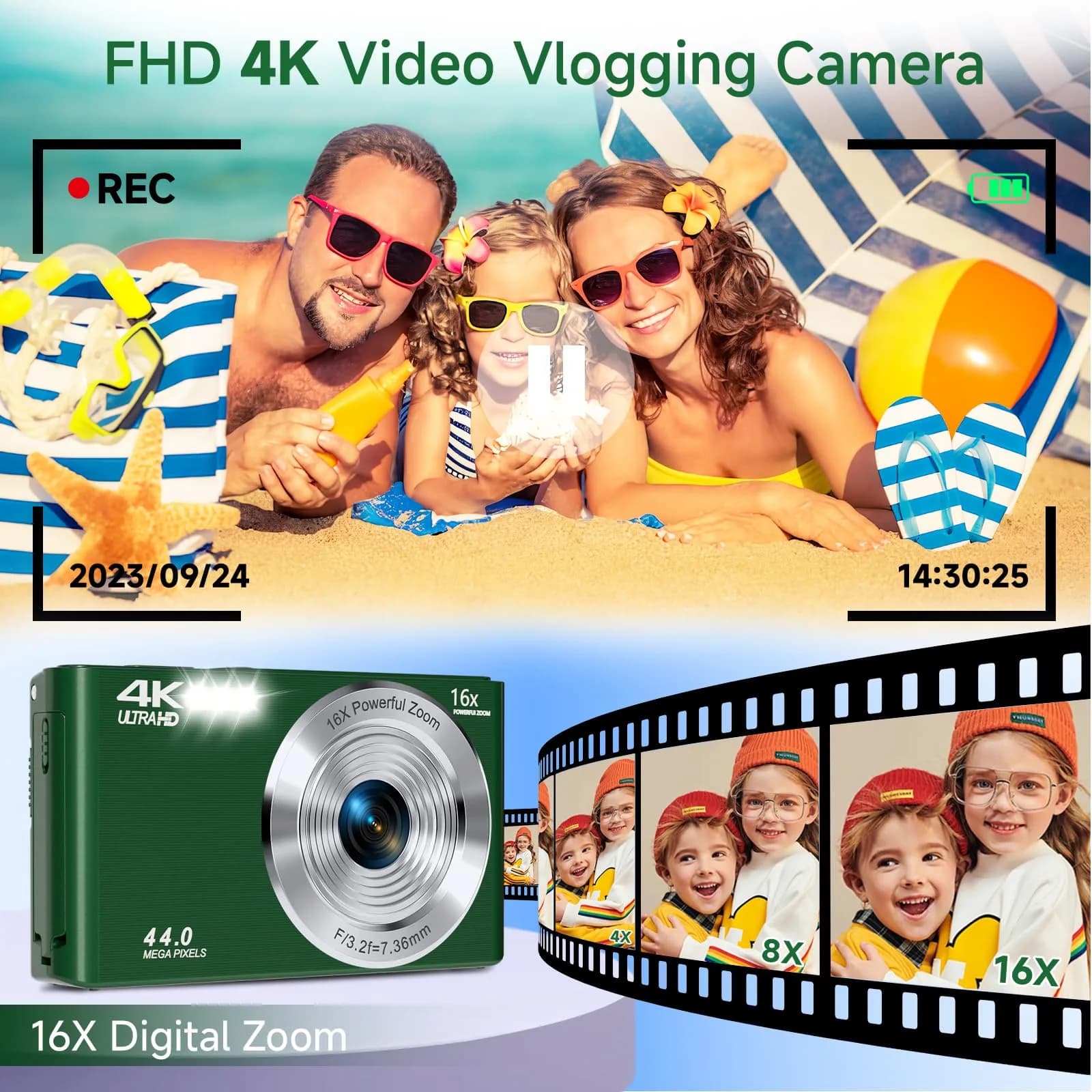 SMARTKLIK Digital Camera 44MP 4K FHD Green | 16x Digital Zoom, 64GB SD Card Included - view 3