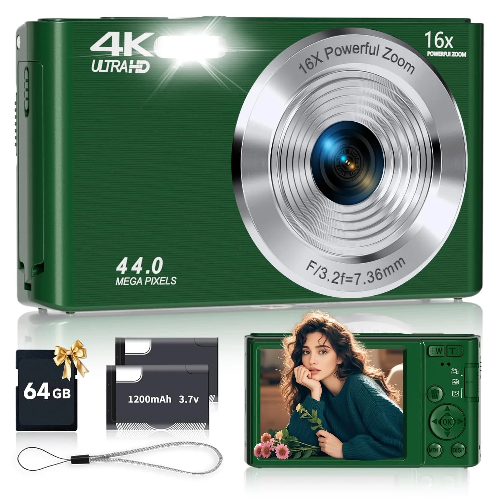 SMARTKLIK Digital Camera 44MP 4K FHD Silver | 16x Digital Zoom, 64GB SD Card Included — Green