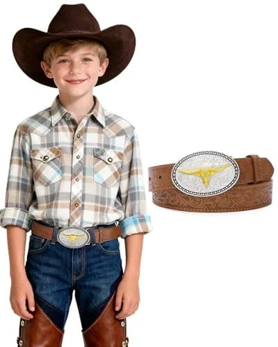 AWAYTR Kids Western Belt for Boy - Adjustable PU Leather Cowboy Belt for Boys & Girls thumbnail 1