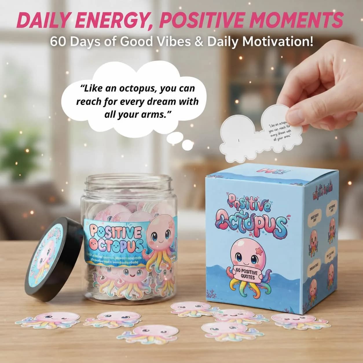 DEARMINE Positive Octopus Jar with 60 Daily Affirmation Cards | Cute Motivational Desk Jar - view 2