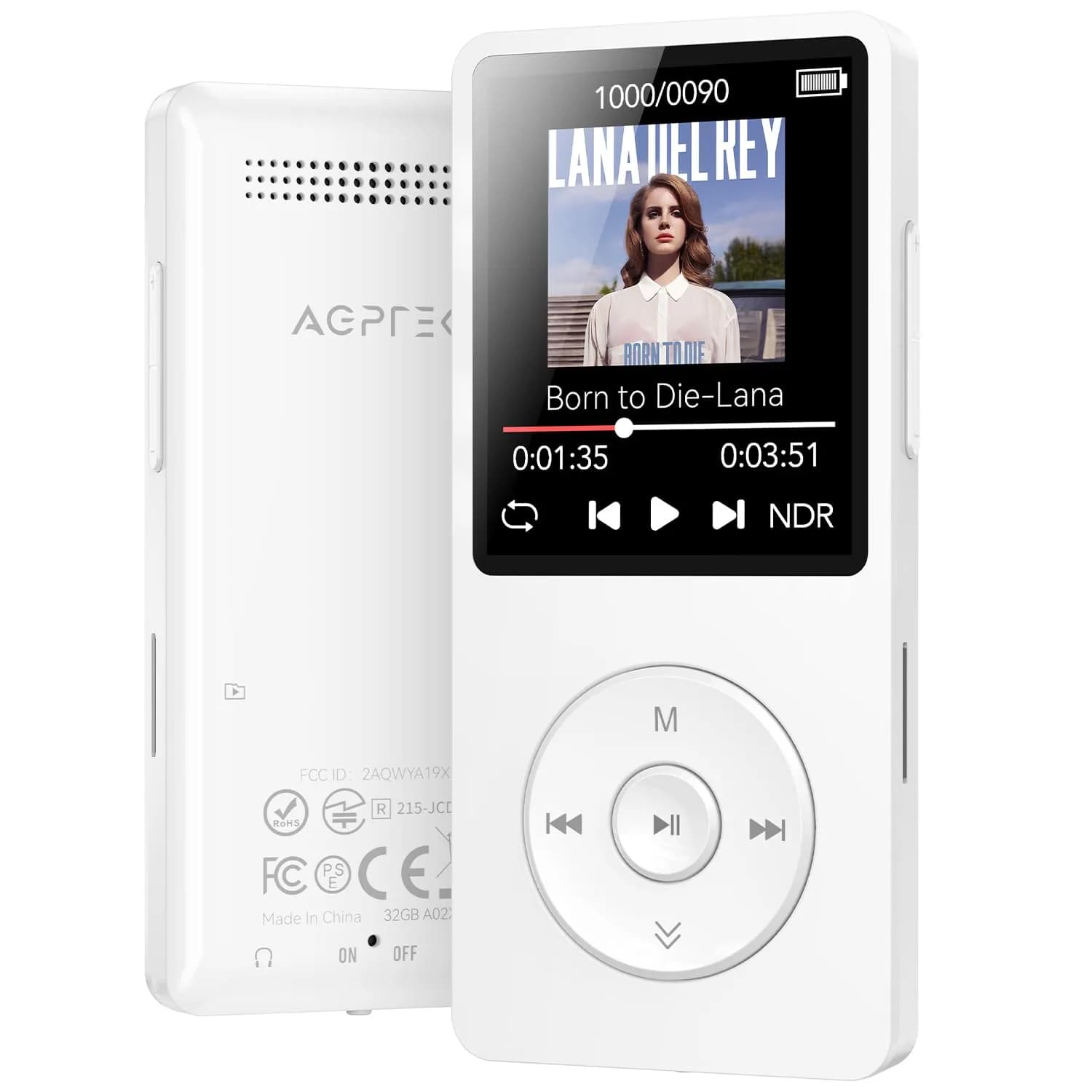 AGPTEK A02 MP3 Player White 32GB (1.8-inch Screen) | Bluetooth 5.3 Music Player with Speaker - main product image