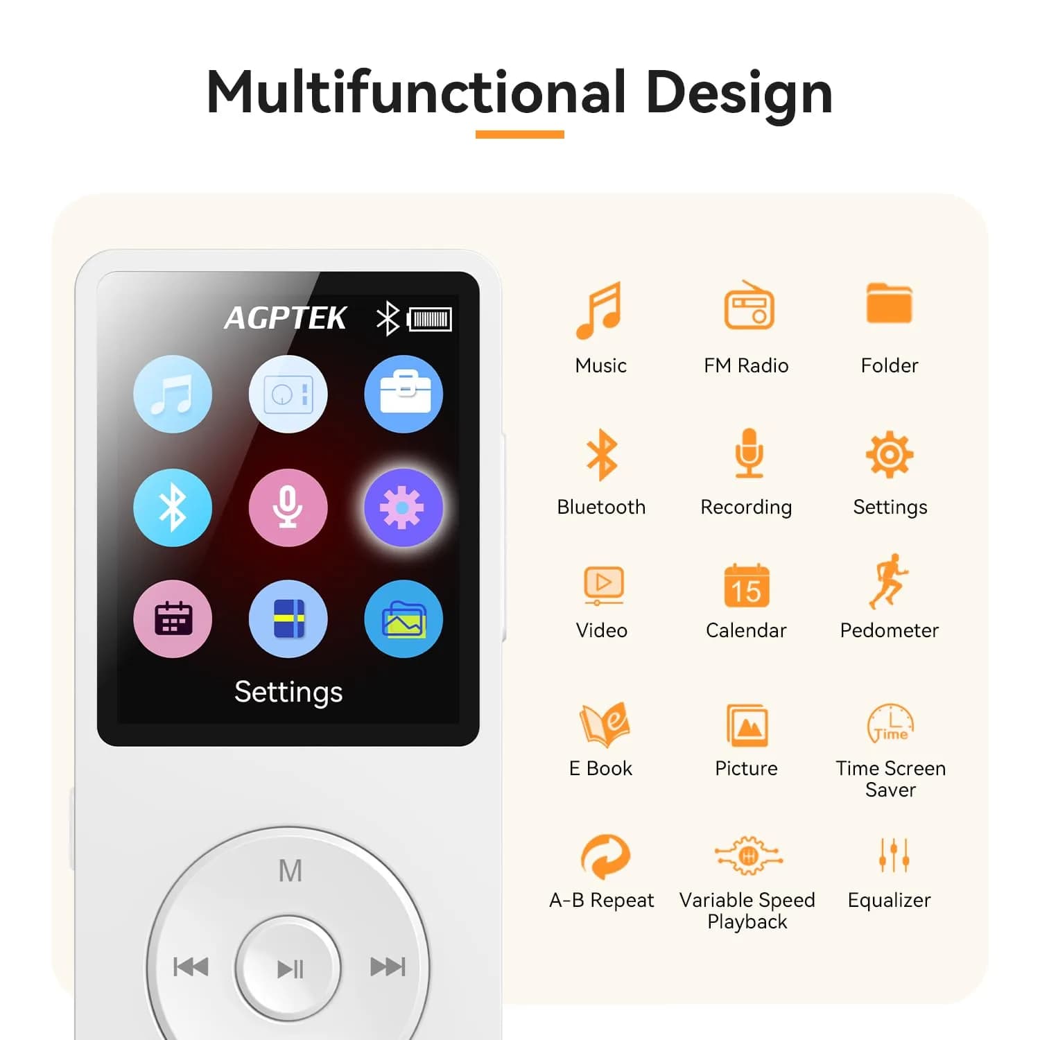 AGPTEK A02 MP3 Player White 32GB (1.8-inch Screen) | Bluetooth 5.3 Music Player with Speaker - view 8