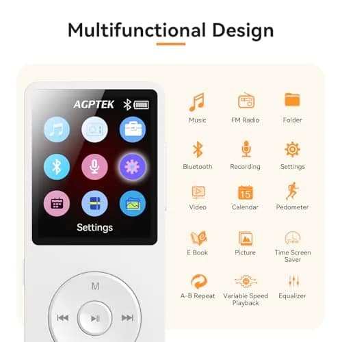 AGPTEK A02 MP3 Player White 32GB (1.8-inch Screen) | Bluetooth 5.3 Music Player with Speaker thumbnail 8