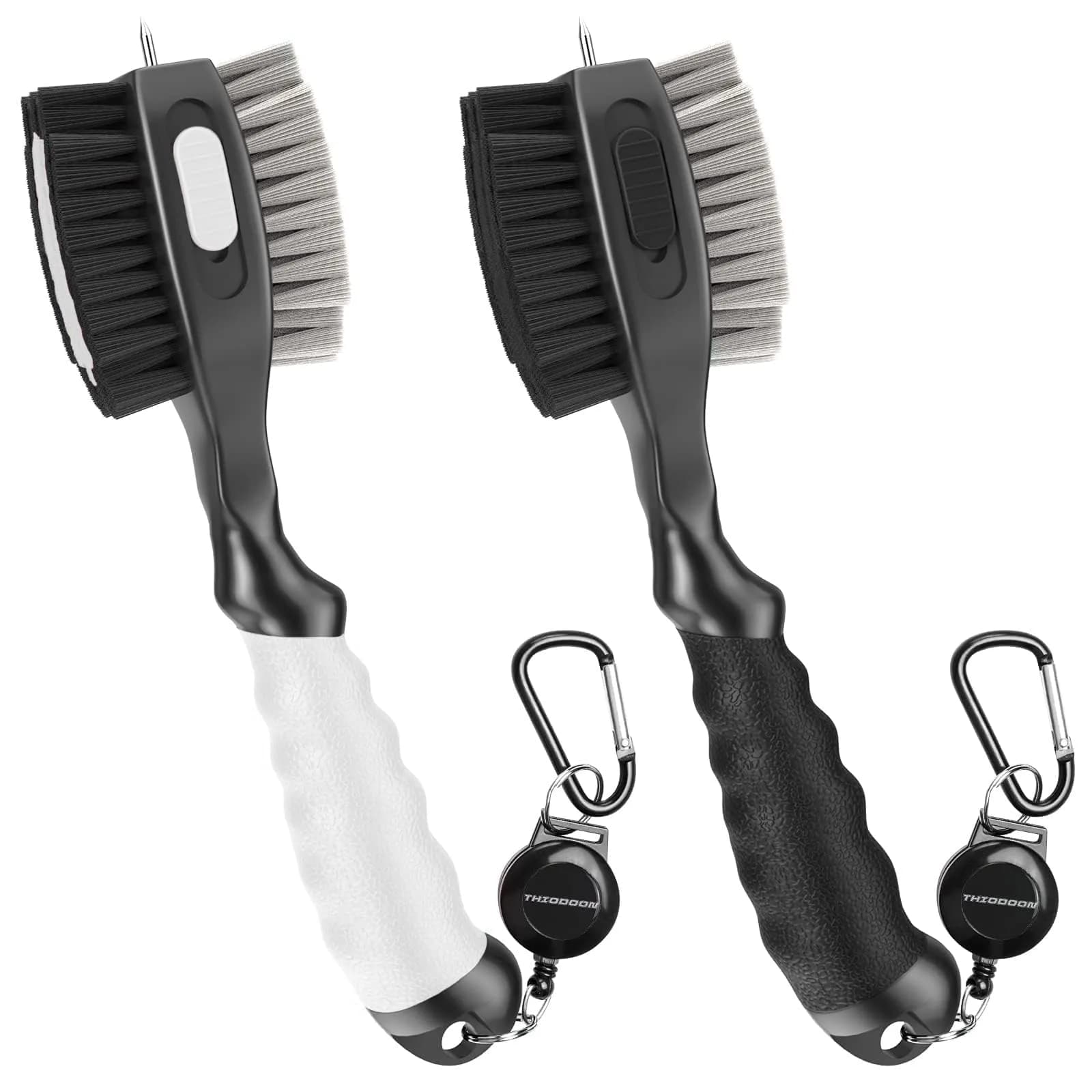 THIODOON 2 Pack Golf Club Brush and Groove Cleaner with Magnetic Keychain | Oversized Head & Retractable Spike — 2pcs Black & White