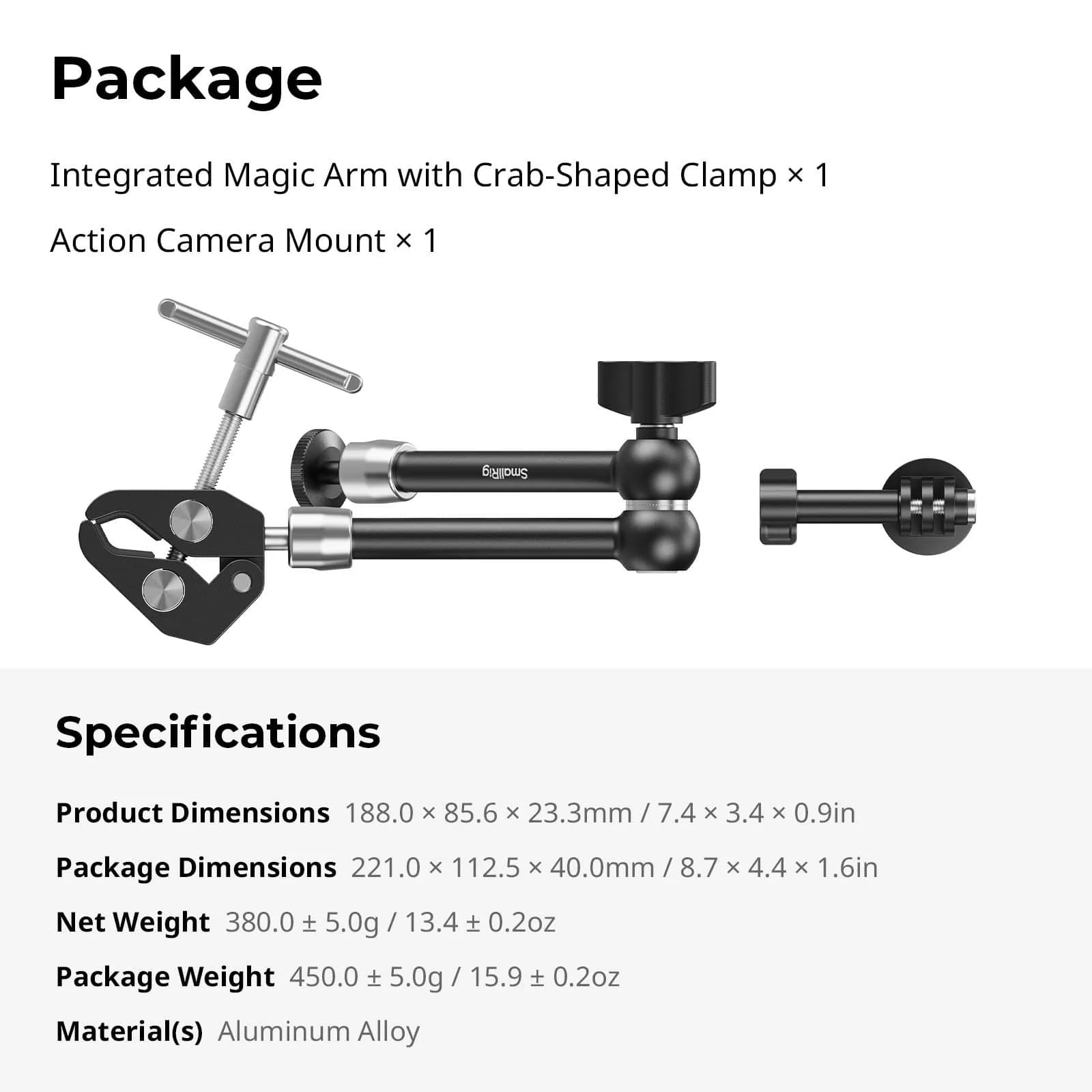SMALLRIG Magic Arm with Super Clamp for Action Cameras, 18.8cm (7.4in) | Mounts Monitors, Lights, Cameras - view 8