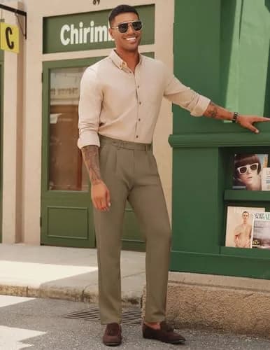PJ PAUL JONES Mens Dress Pants Pleated Trousers High Waist Tapered Fit Brown M thumbnail 5