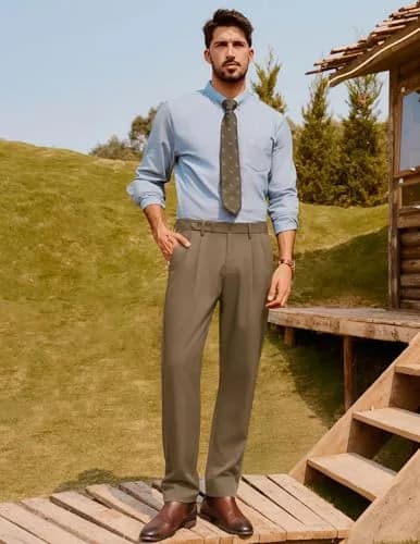 PJ PAUL JONES Mens Dress Pants Pleated Trousers High Waist Tapered Fit Brown M thumbnail 2