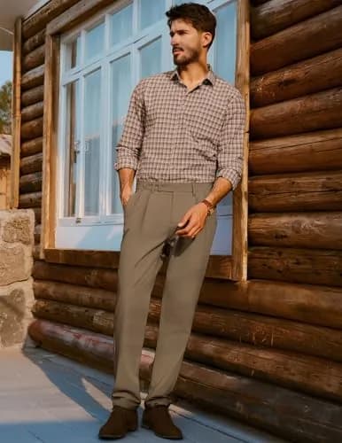 PJ PAUL JONES Mens Dress Pants Pleated Trousers High Waist Tapered Fit Brown M thumbnail 3