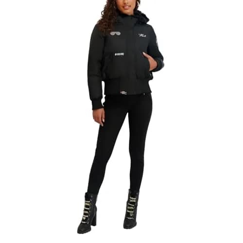 KARL LAGERFELD Water Resistant Cropped Bomber Jacket Black | All-Season Nylon with Logo Patches (70-120c) thumbnail 1