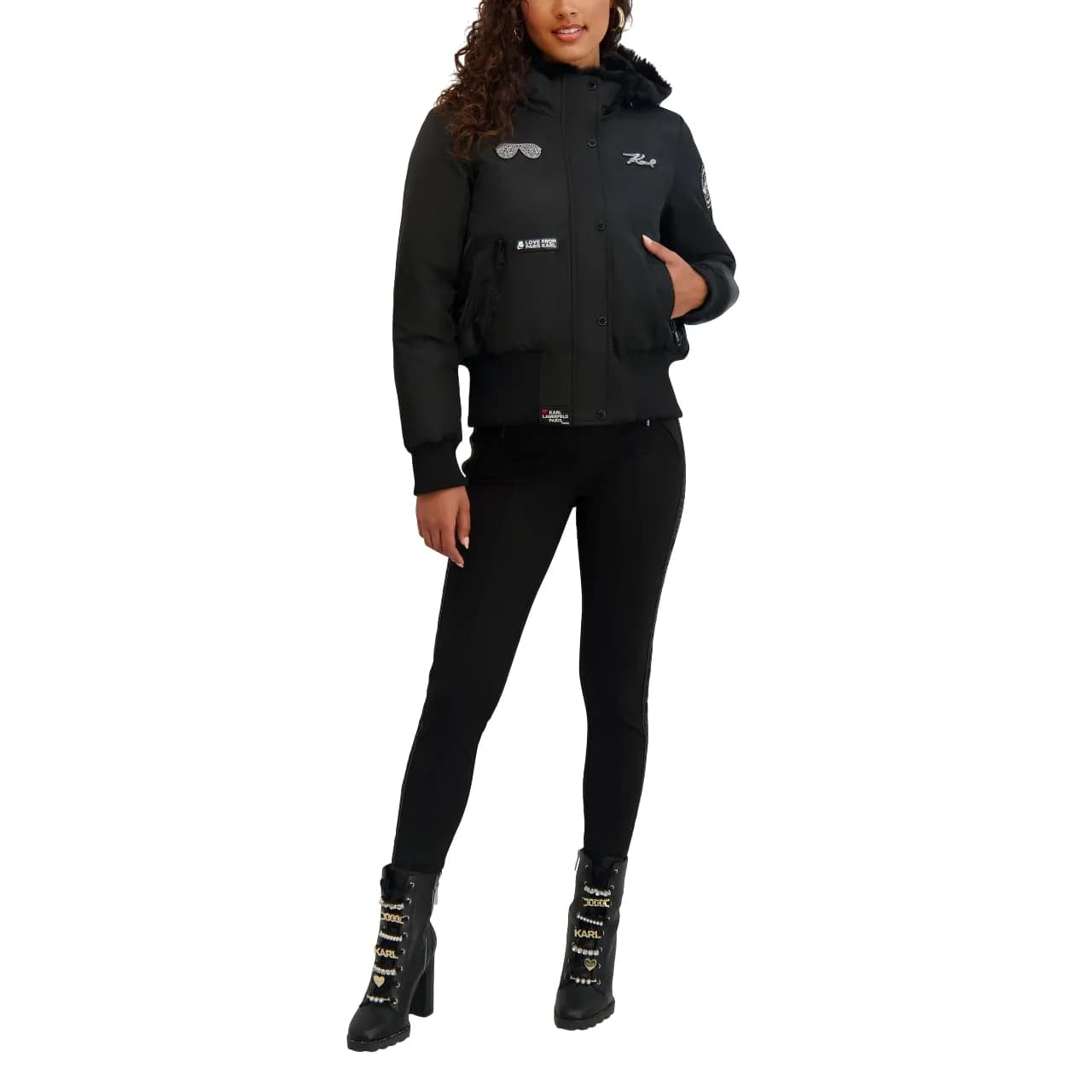 KARL LAGERFELD Paris Women's Water Resistant Cropped Patch Bomber Black, Medium | Versatile Fall/Winter Coat