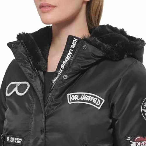 KARL LAGERFELD Paris Women's Water Resistant Cropped Patch Bomber Black, Medium | Versatile Fall/Winter Coat thumbnail 2