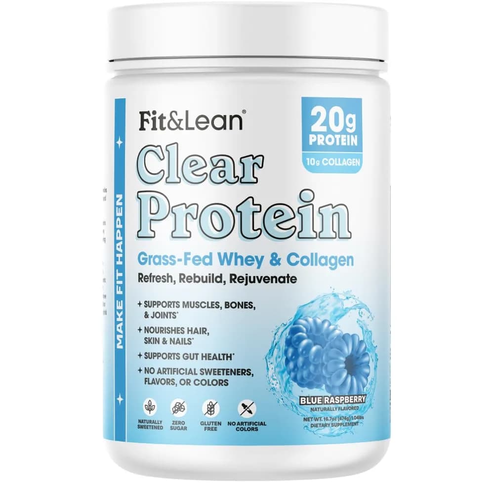 Fit & Lean Clear Protein Powder with Whey Isolate & Collagen, Grass Fed, 0g Sugar, Blue Raspberry, 20 Servings — Blue Raspberry