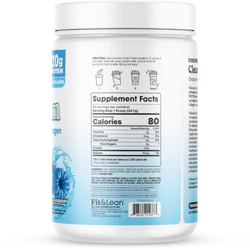 Fit & Lean Clear Protein Powder with Whey Isolate & Collagen, Grass Fed, 0g Sugar, Blue Raspberry, 20 Servings thumbnail 7
