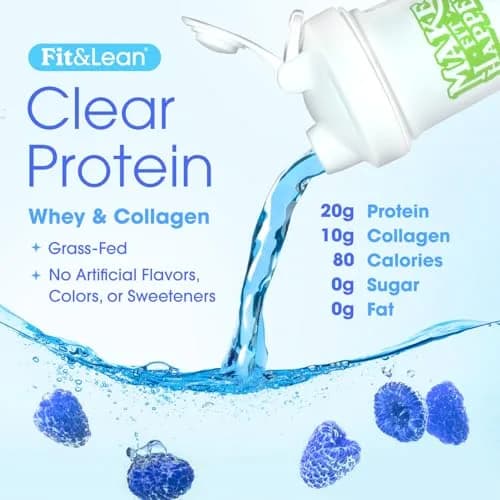 Fit & Lean Clear Protein Powder with Whey Isolate & Collagen, Grass Fed, 0g Sugar, Blue Raspberry, 20 Servings thumbnail 3