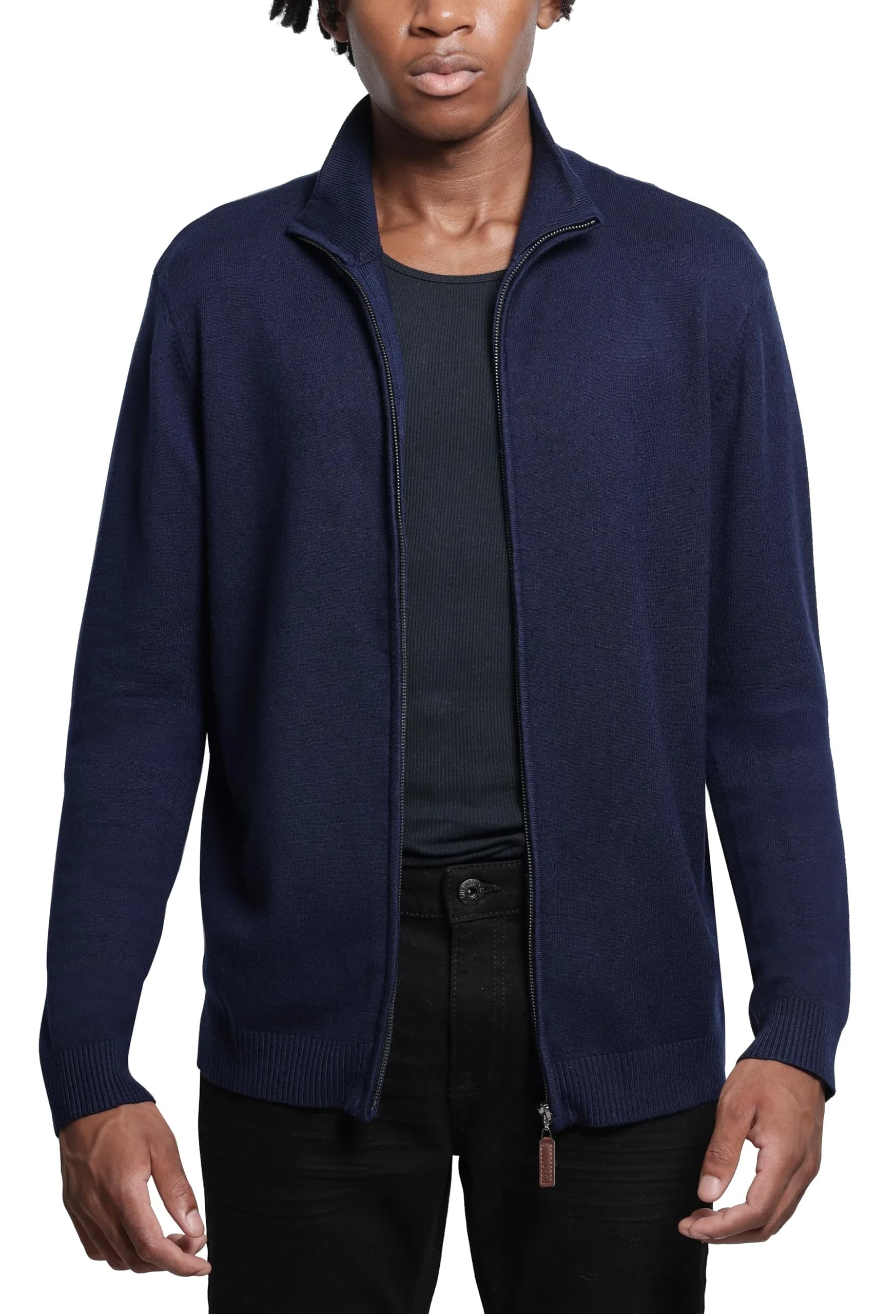 SPRING + MERCER Men's Full Zip Mock Neck Knit Sweater, Navy | Classic Fit, Soft Blend, Long Sleeve