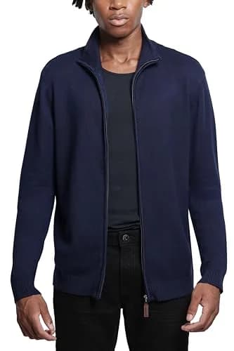 SPRING + MERCER Men's Full Zip Mock Neck Knit Sweater, Navy | Classic Fit, Soft Blend, Long Sleeve thumbnail 1