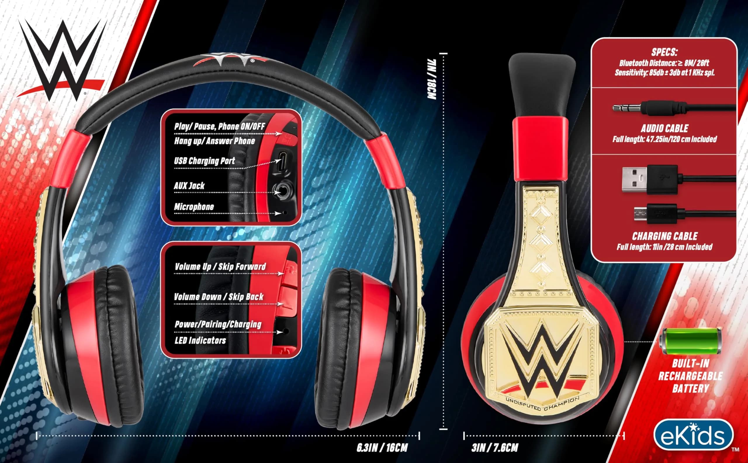 eKids WWE Bluetooth Headphones for Kids, Wireless Over-Ear Headphones with Microphone & 3.5mm Audio Cable | Kid-Friendly Volume - view 6