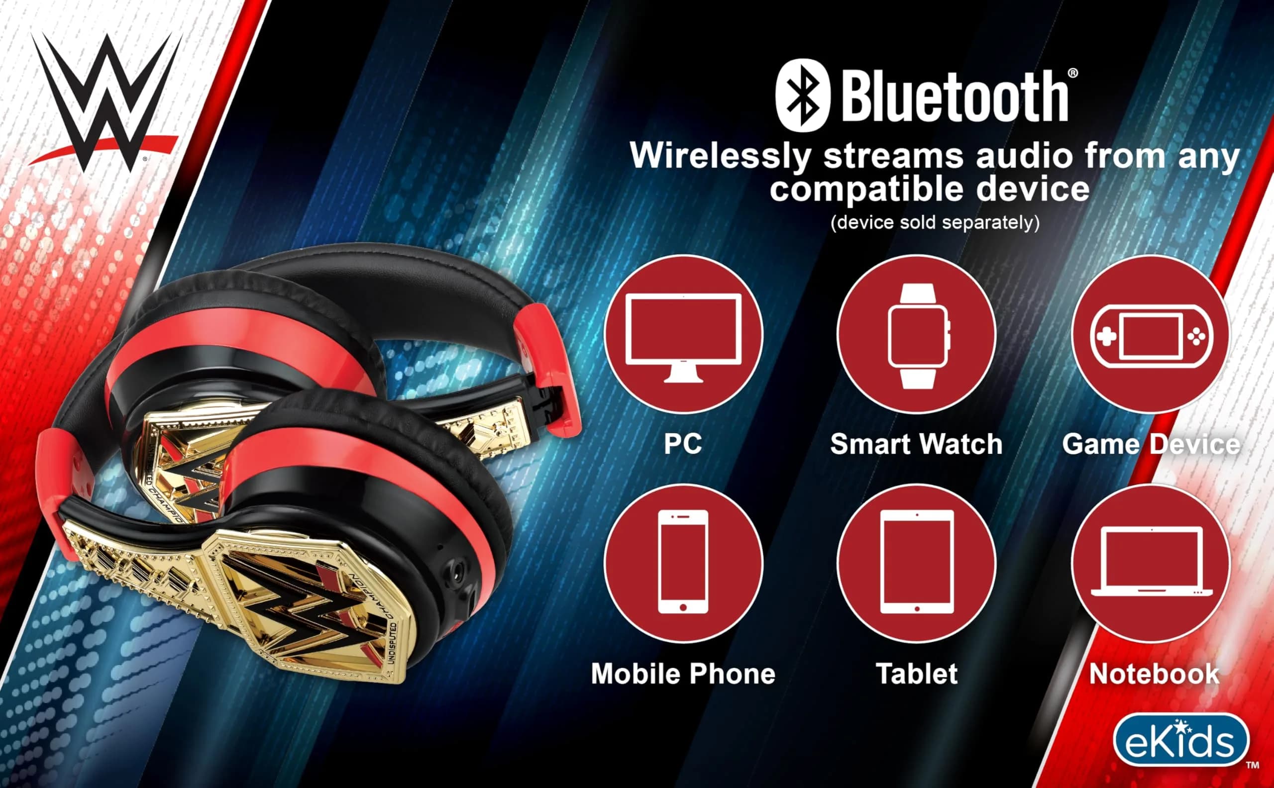eKids WWE Bluetooth Headphones for Kids, Wireless Over-Ear Headphones with Microphone & 3.5mm Audio Cable | Kid-Friendly Volume - view 7