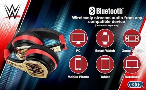 eKids WWE Bluetooth Headphones for Kids, Wireless Over-Ear Headphones with Microphone & 3.5mm Audio Cable | Kid-Friendly Volume thumbnail 7
