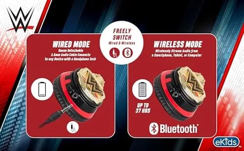 eKids WWE Bluetooth Headphones for Kids, Wireless Over-Ear Headphones with Microphone & 3.5mm Audio Cable | Kid-Friendly Volume thumbnail 8