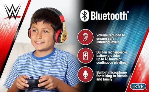 eKids WWE Bluetooth Headphones for Kids, Wireless Over-Ear Headphones with Microphone & 3.5mm Audio Cable | Kid-Friendly Volume thumbnail 2