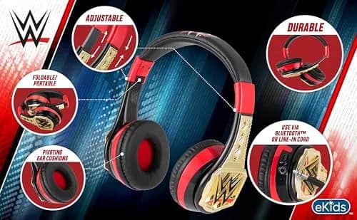 eKids WWE Bluetooth Headphones for Kids, Wireless Over-Ear Headphones with Microphone & 3.5mm Audio Cable | Kid-Friendly Volume thumbnail 3