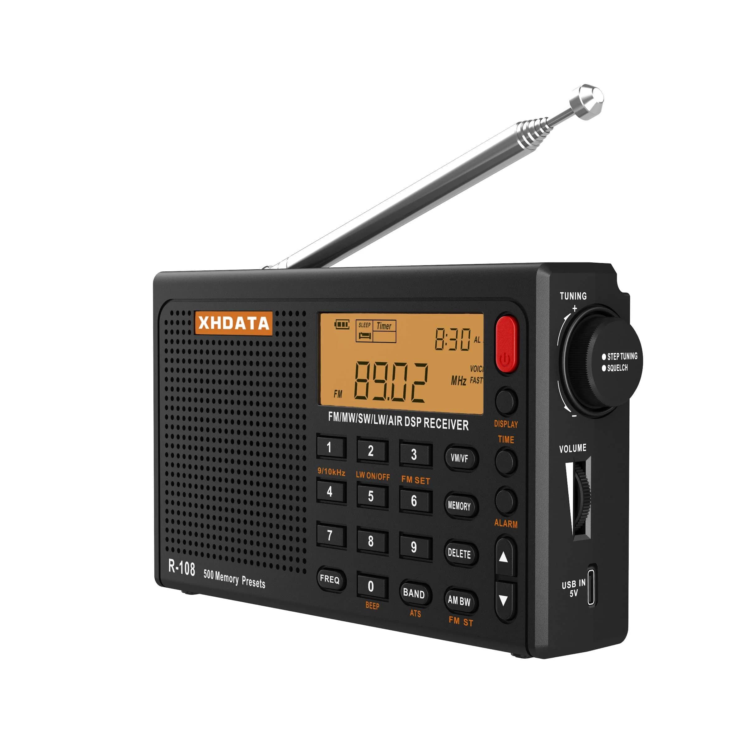 XHDATA R108 Portable Radio AM/FM/SW/LW/Airband Receiver | DSP Chip, 500 Memories, Type-C USB - main product image