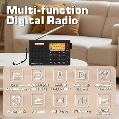 XHDATA R108 Portable Radio AM/FM/SW/LW/Airband Receiver | DSP Chip, 500 Memories, Type-C USB thumbnail 4