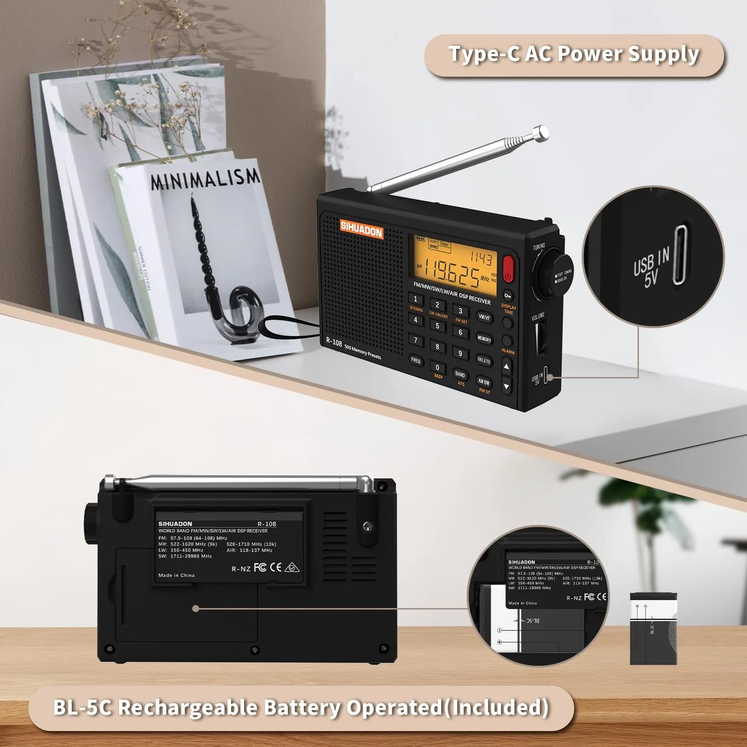 XHDATA R108 Portable Radio AM/FM/SW/LW/Airband Receiver | DSP Chip, 500 Memories, Type-C USB - view 5