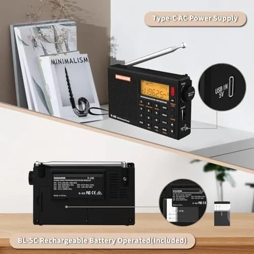 XHDATA R108 Portable Radio AM/FM/SW/LW/Airband Receiver | DSP Chip, 500 Memories, Type-C USB thumbnail 5