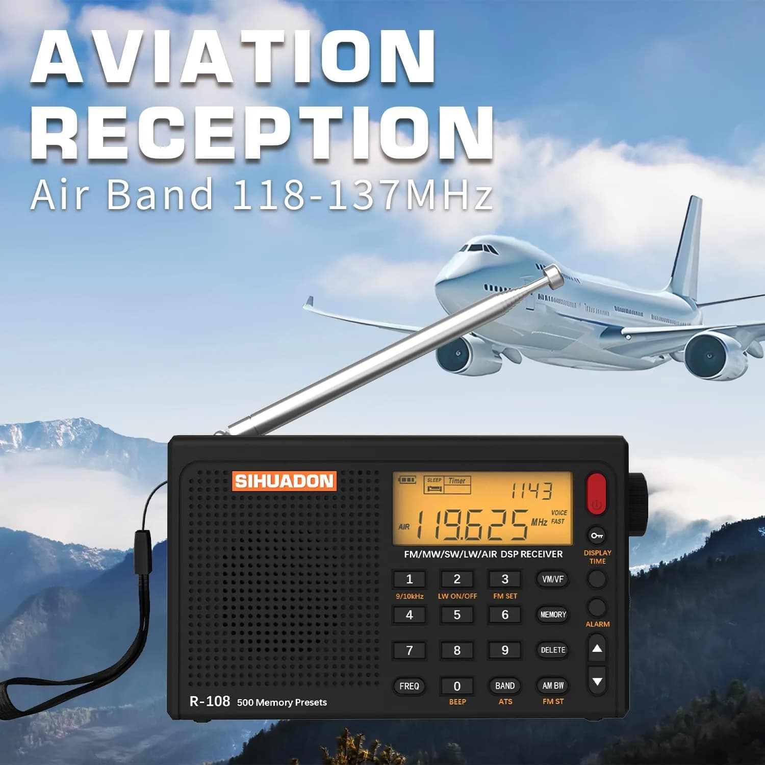 XHDATA R108 Portable Radio AM/FM/SW/LW/Airband Receiver | DSP Chip, 500 Memories, Type-C USB - view 6