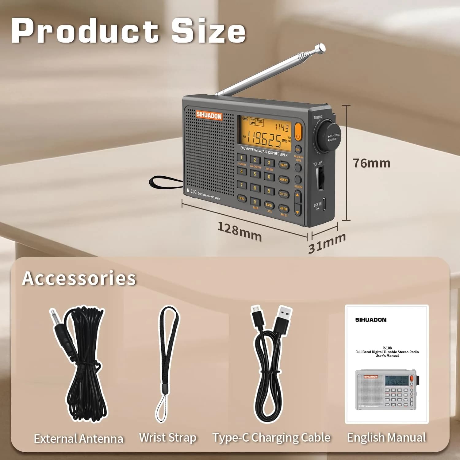 XHDATA R108 Portable Radio AM/FM/SW/LW/Airband Receiver | DSP Chip, 500 Memories, Type-C USB - view 7