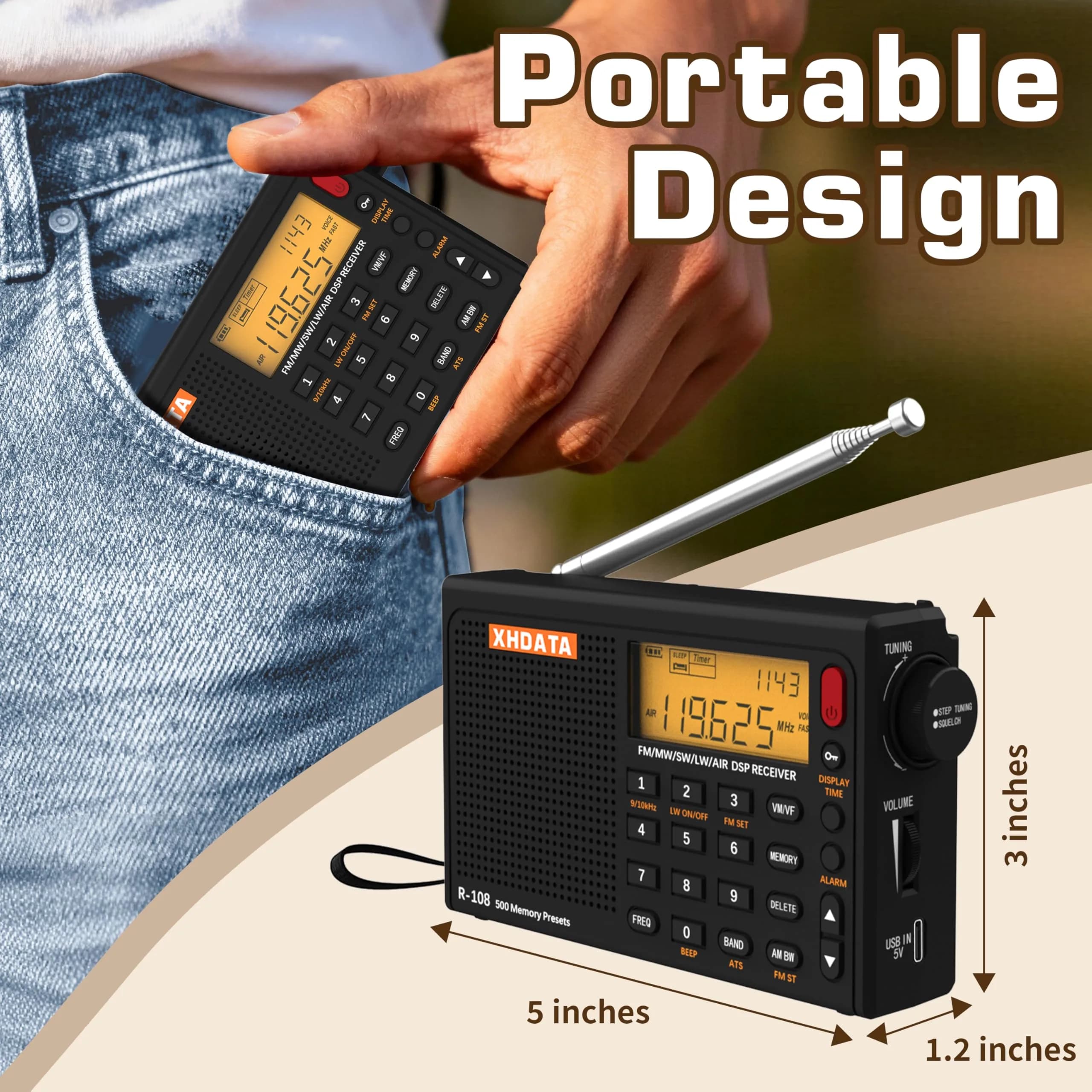 XHDATA R108 Portable Radio AM/FM/SW/LW/Airband Receiver | DSP Chip, 500 Memories, Type-C USB - view 2