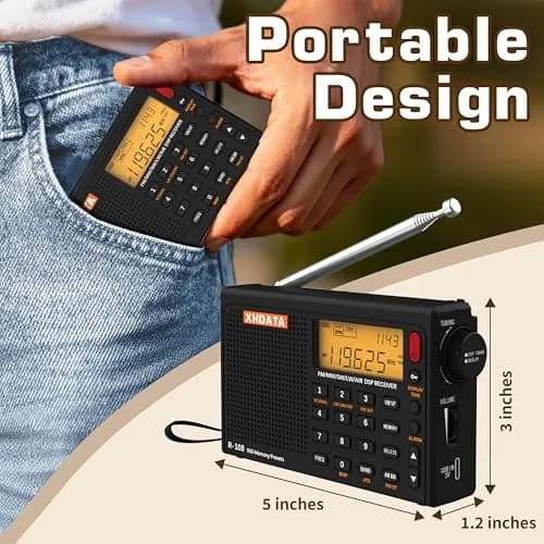 XHDATA R108 Portable Radio AM/FM/SW/LW/Airband Receiver | DSP Chip, 500 Memories, Type-C USB thumbnail 2