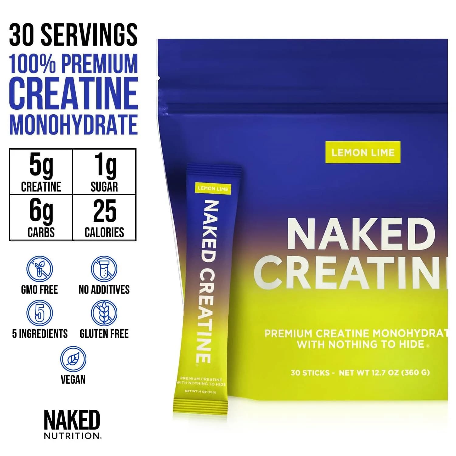 NAKED Pure Micronized Lemon Lime Creatine Monohydrate Stick Packs, Vegan, Non-GMO, Gluten Free, Soy Free, 30 Stick Packs - view 3