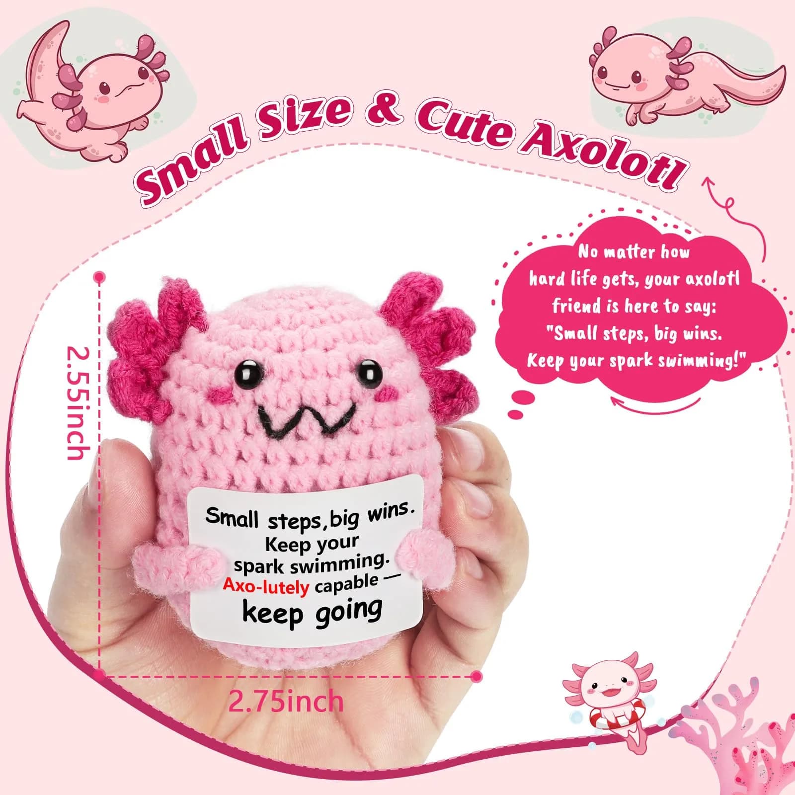 WEYON Handmade Crochet Axolotl Plush Toy with Story Card, Pink Kawaii Desk Decor | Focus Motivation Gift - view 2