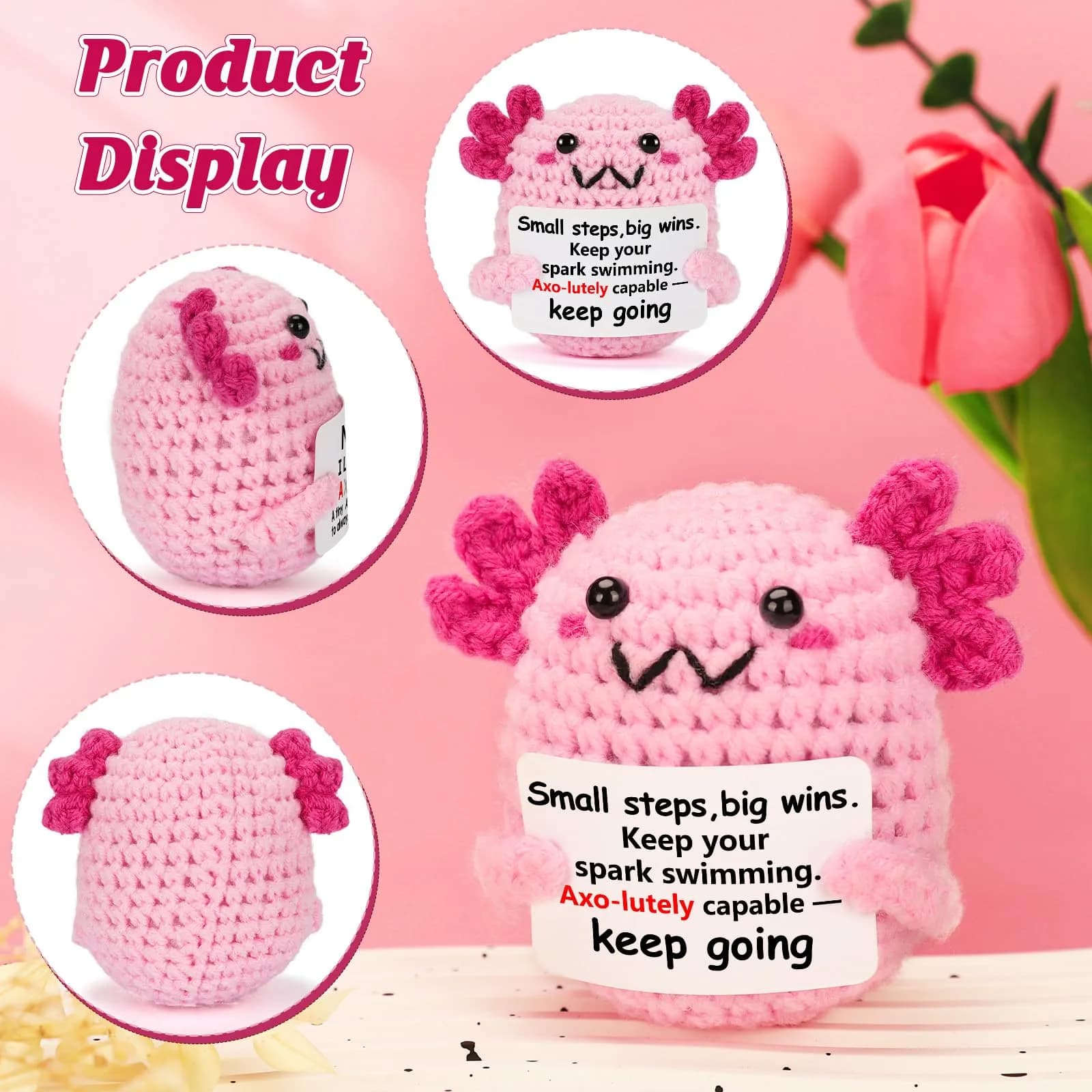 WEYON Handmade Crochet Axolotl Plush Toy with Story Card, Pink Kawaii Desk Decor | Focus Motivation Gift - view 4