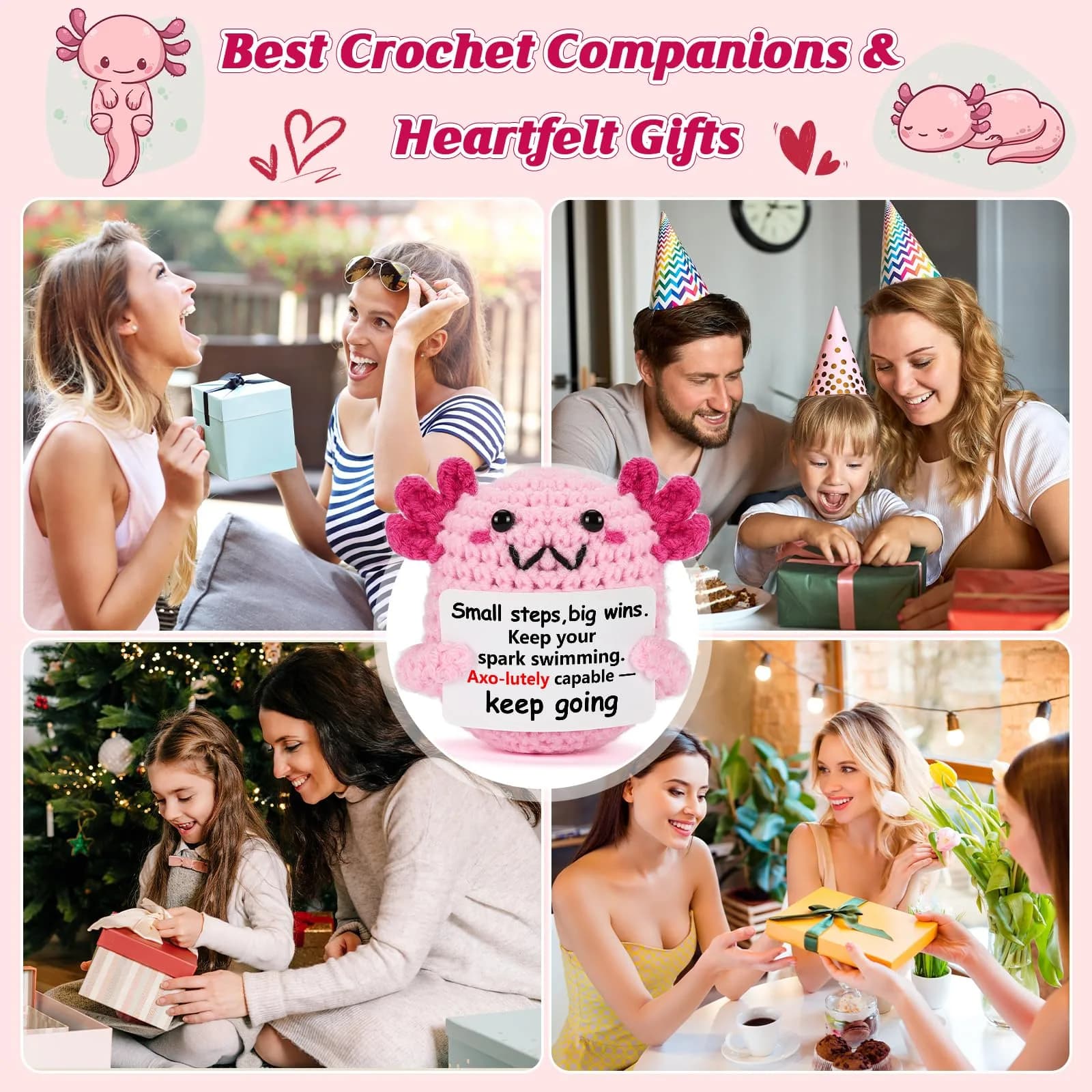WEYON Handmade Crochet Axolotl Plush Toy with Story Card, Pink Kawaii Desk Decor | Focus Motivation Gift - view 7
