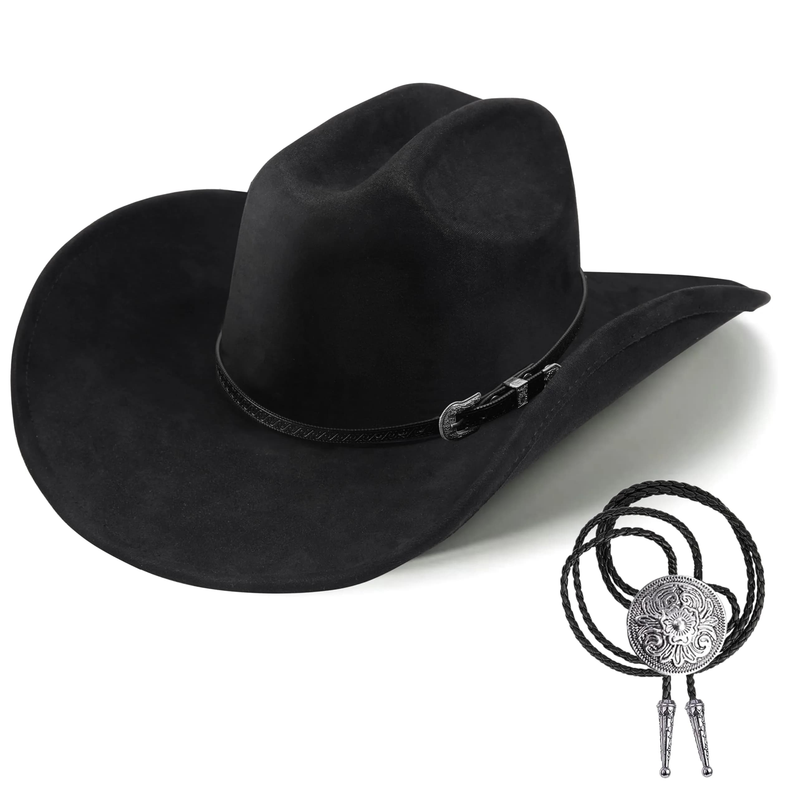 Foeran Western Cowboy Hat for Men Women Wide Brim Felt Fedora with Bolo Tie | Classic Cowgirl & Cowboy Style