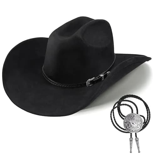 Foeran Western Cowboy Hat for Men Women Wide Brim Felt Fedora with Bolo Tie | Classic Cowgirl & Cowboy Style thumbnail 1