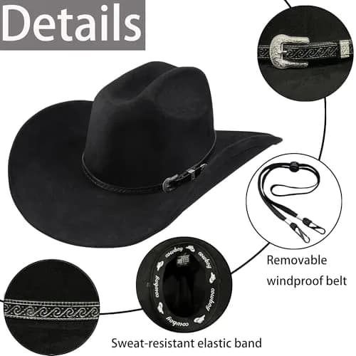 Foeran Western Cowboy Hat for Men Women Wide Brim Felt Fedora with Bolo Tie | Classic Cowgirl & Cowboy Style thumbnail 2