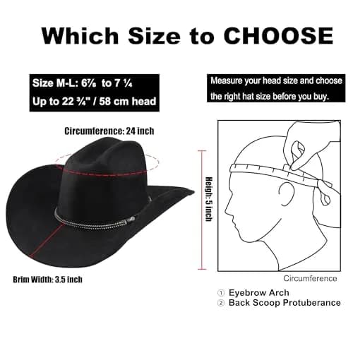 Foeran Classic Western Suede Cowboy Hat for Men & Women | Wide Brim Felt Fedora Cowgirl Hat (Alpha, Large, X-Large, Black) thumbnail 4