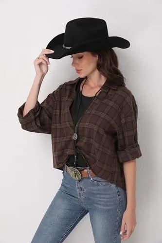 Foeran Classic Western Suede Cowboy Hat for Men & Women | Wide Brim Felt Fedora Cowgirl Hat (Alpha, Large, X-Large, Black) thumbnail 7