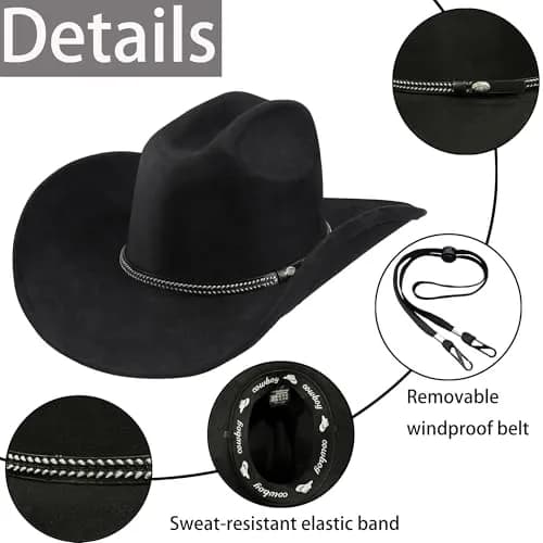 Foeran Classic Western Suede Cowboy Hat for Men & Women | Wide Brim Felt Fedora Cowgirl Hat (Alpha, Large, X-Large, Black) thumbnail 2